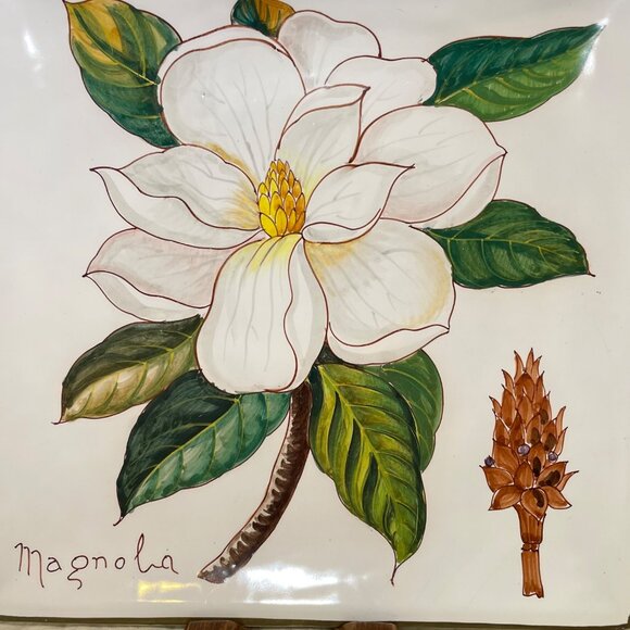 Hand-Painted Ceramic Magnolia Tile Wall Art From Italy - Picture 2 of 10
